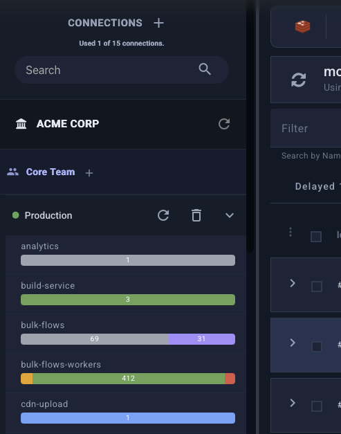 Taskforce sidebar showing all connections and queues at a glance